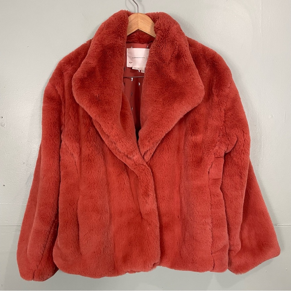 Anthropologie Teddy Jacket Faux Fur Plush Women Medium‎ Orange Corral